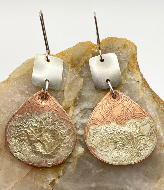 Copper teardrop and sterling square earrings